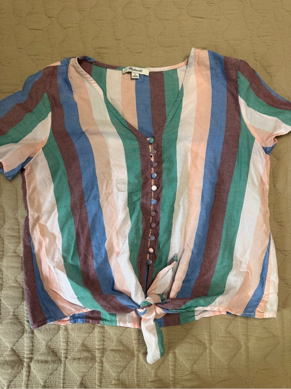 Madewell Multicolor Striped Tie-Front V-Neck Top - Peach, Green, Blue, Brown
